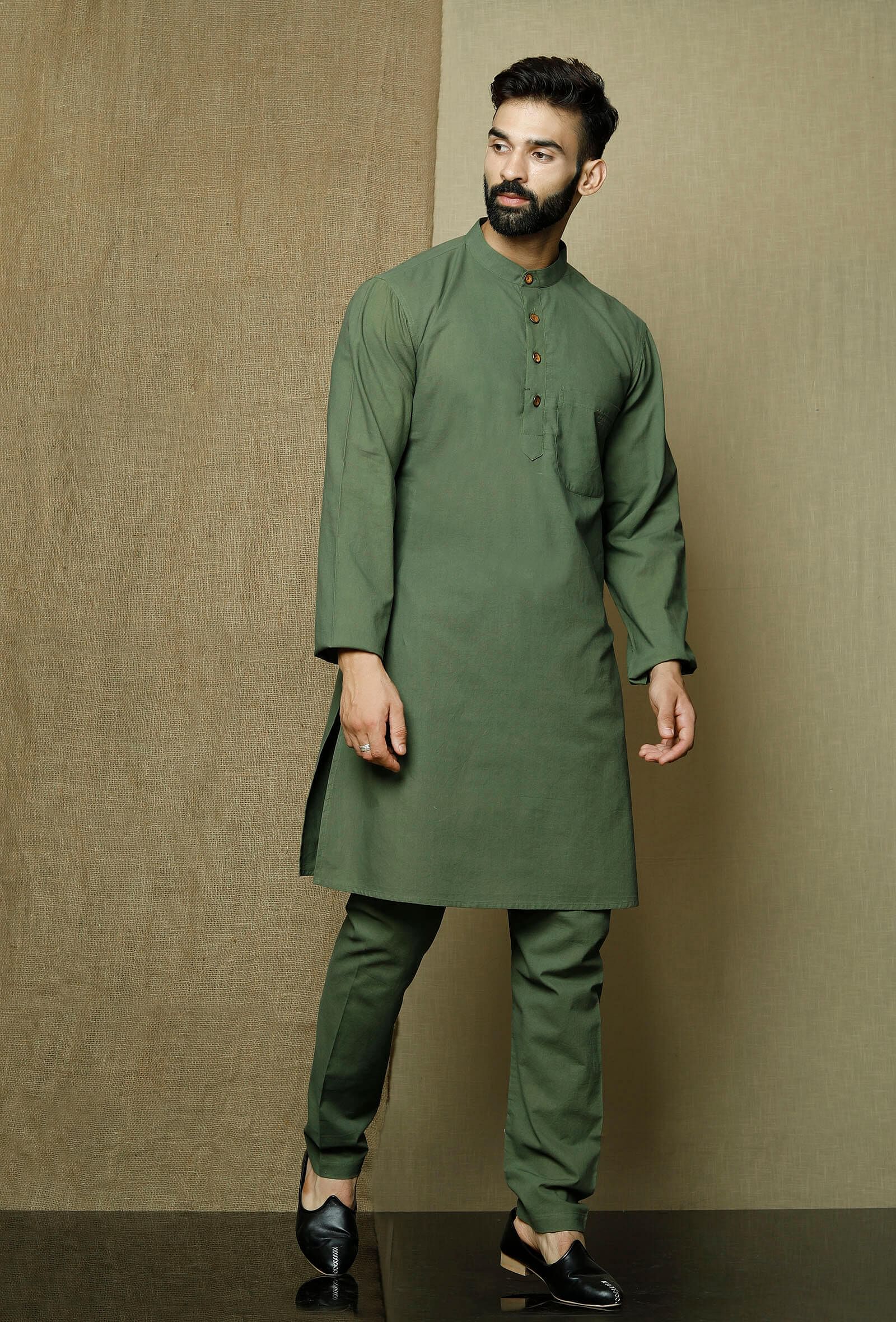 Set of 2:Moss Green Cotton Cambric Kurta and Pyjama