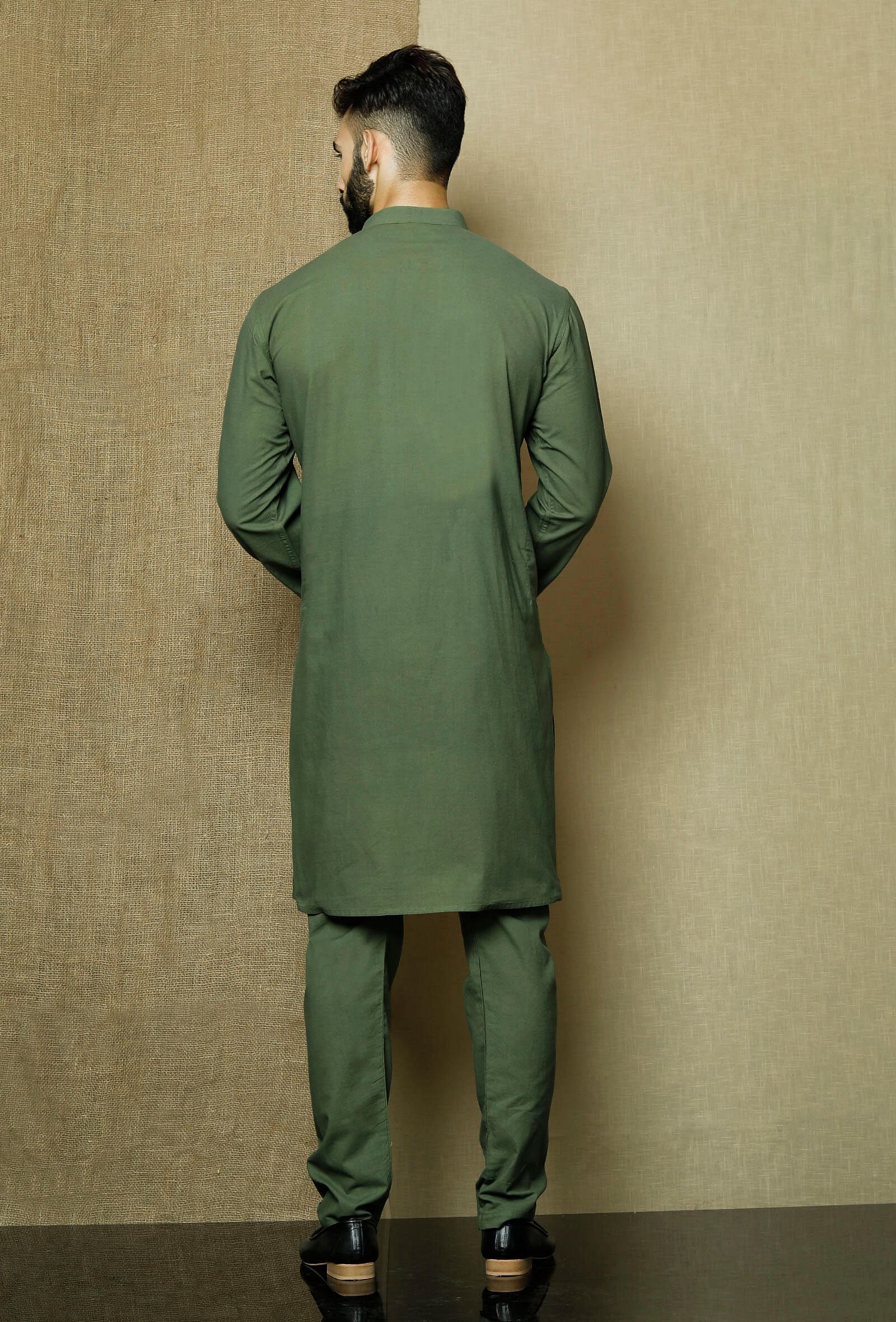 Set of 2:Moss Green Cotton Cambric Kurta and Pyjama