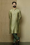 Set of 2:Olive Green Pure Banarasi Silk Chanderi Kurta with Moss Green Cotton Cambric Pyjama