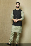 Set of 3: Sage Cotton Kurta and Pyjama with Onyx Nehru Jacket
