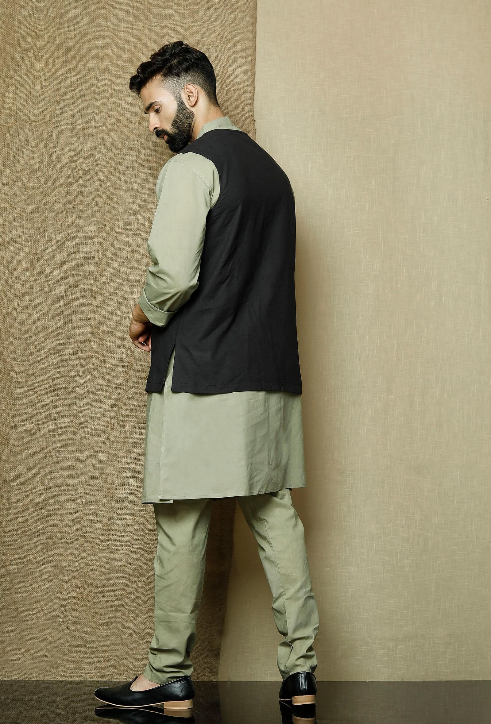 Set of 3: Sage  Cotton Kurta and Pyjama with Onyx Nehru Jacket