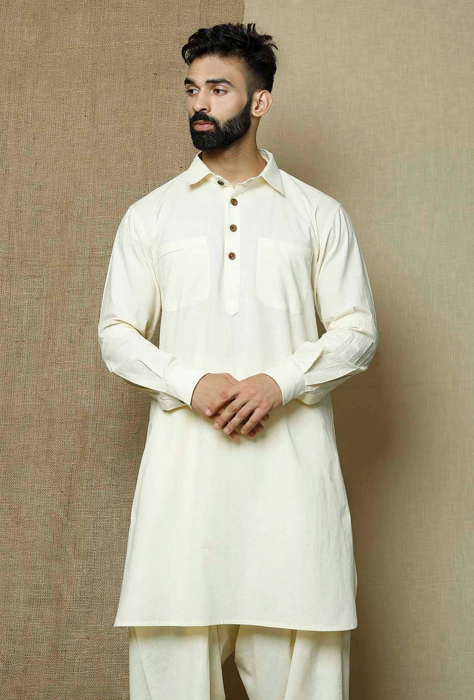 Off White Collared  Cotton Kurta
