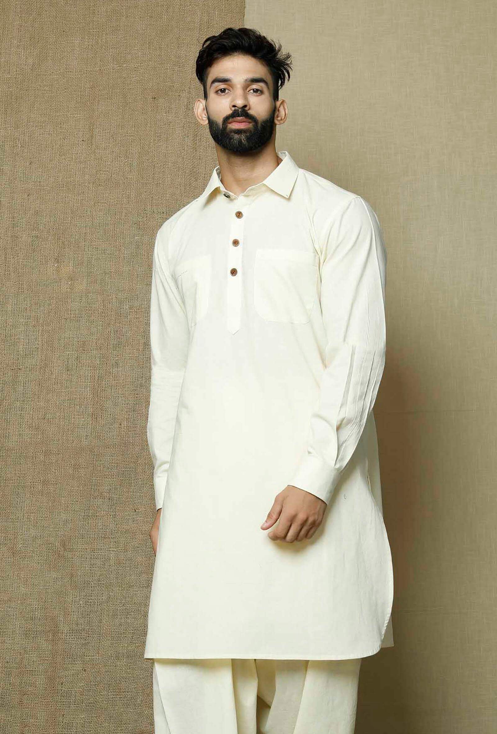 Off White Collared  Cotton Kurta