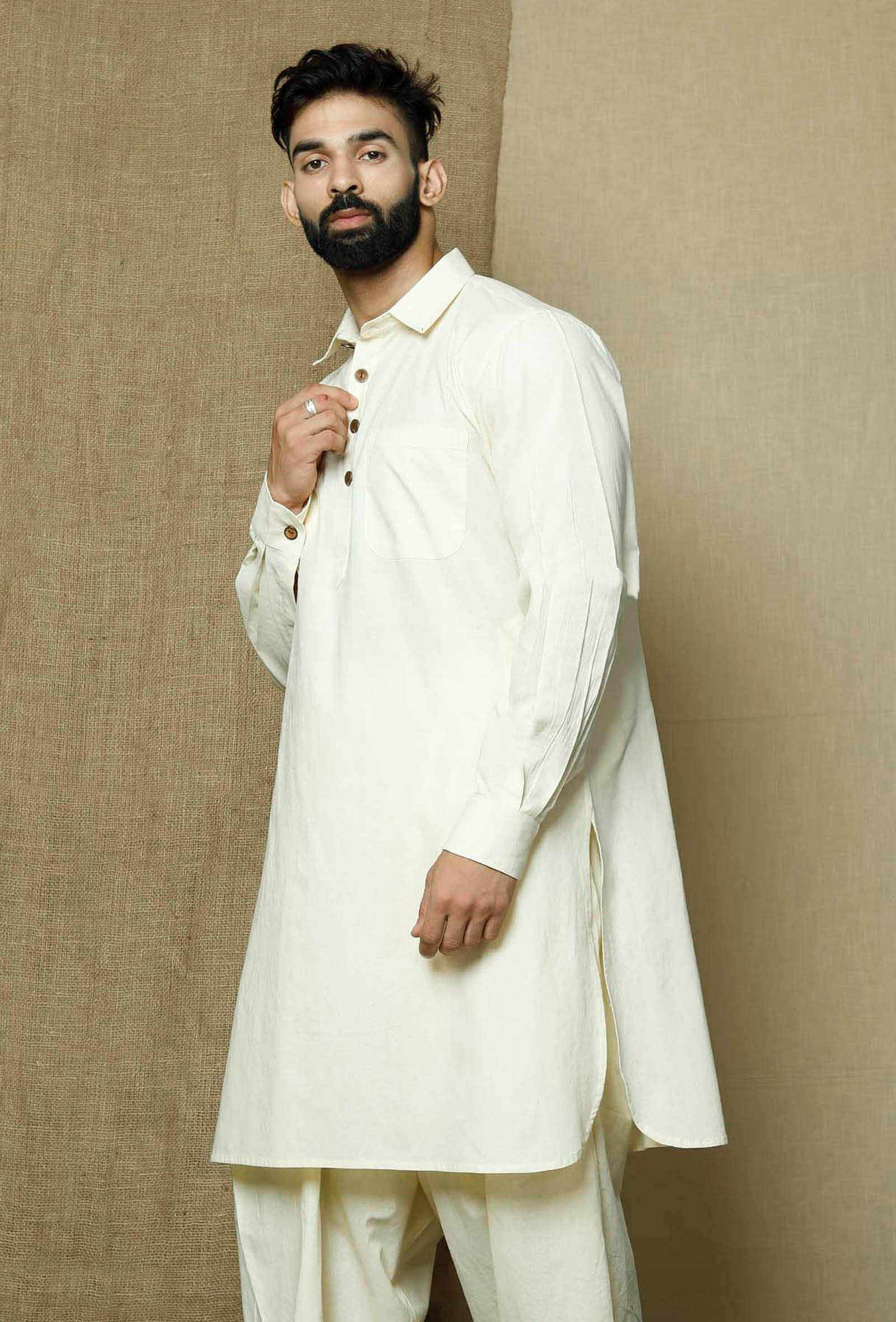 Off White Collared  Cotton Kurta