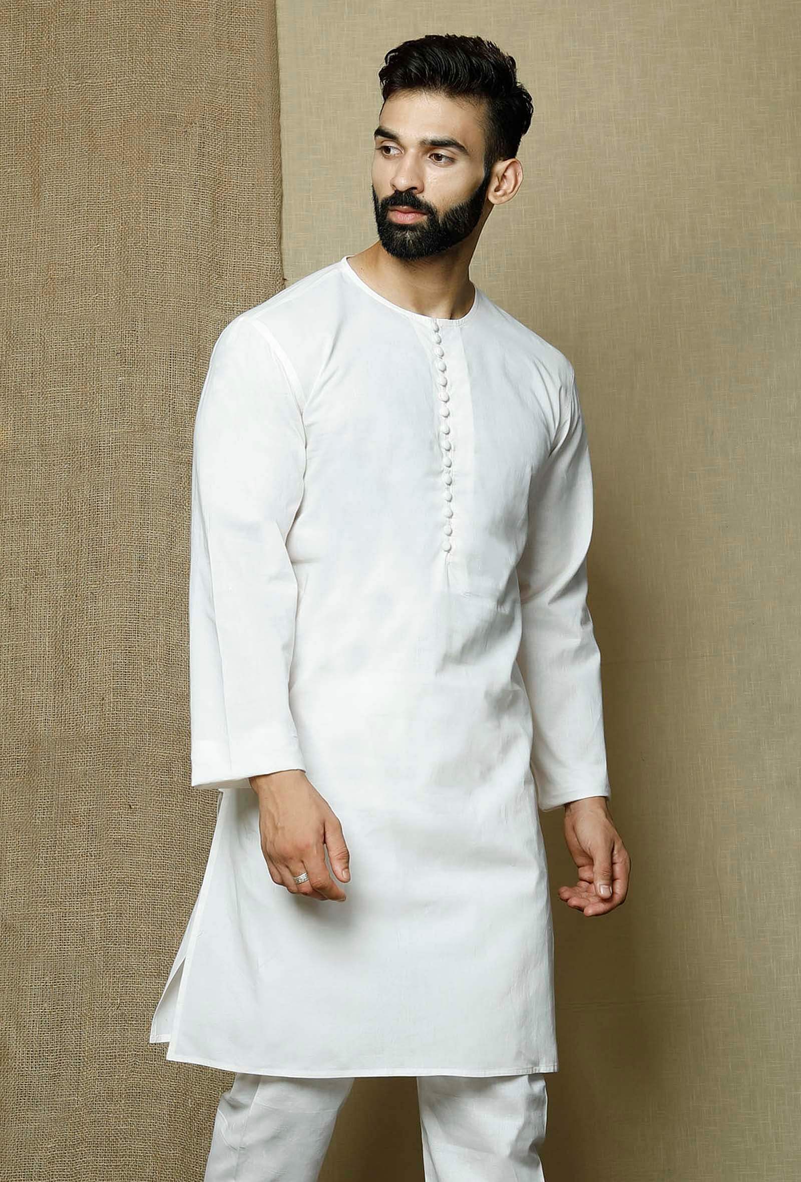 Safed Round Neck  Cotton Kurta
