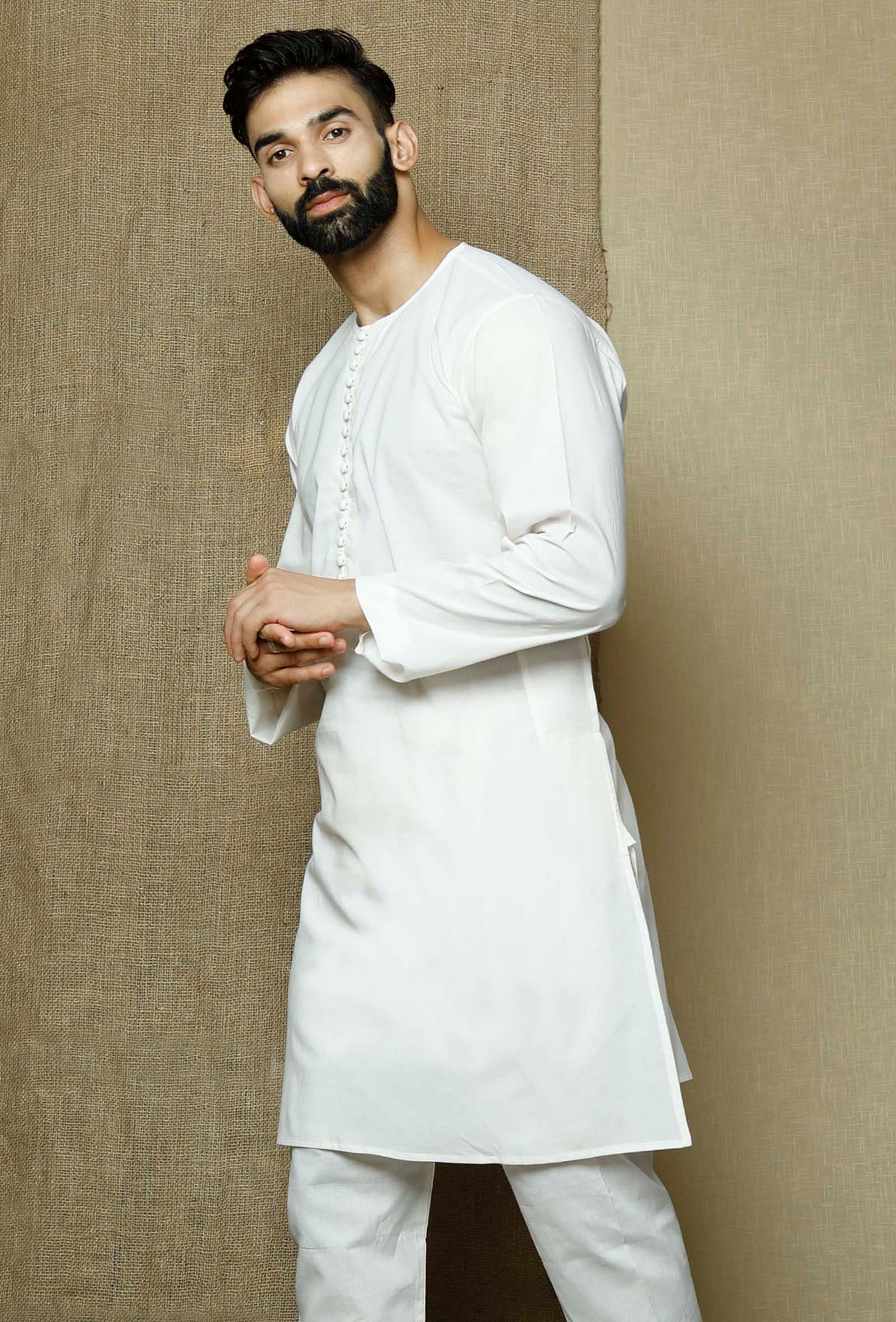 Safed Round Neck  Cotton Kurta