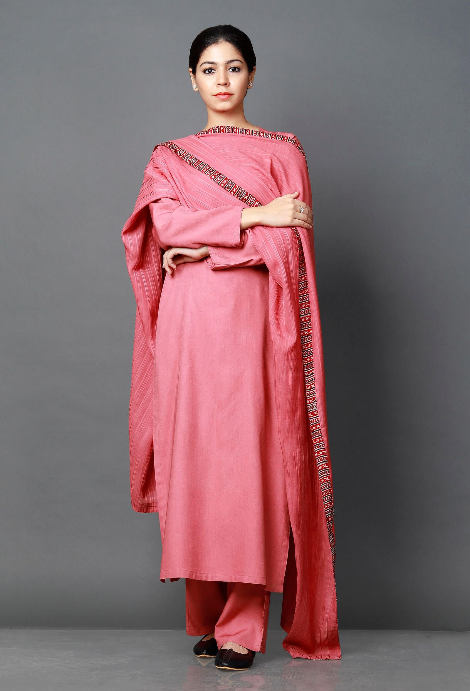 Set of 3: Pink Bamboo Kurta/Pallazo and Eucallyptus Dupatta