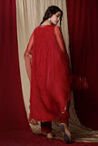 Set of 3:Maroon Cotton Kurta and Pants with Organza Cape