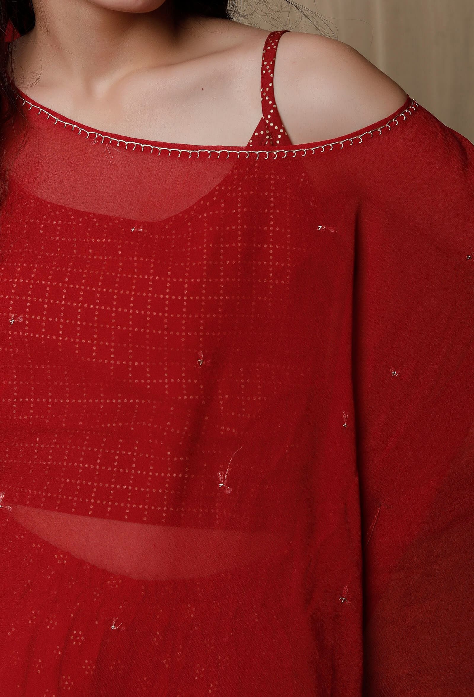 Set of 3:Maroon Cotton Kurta and Pants with Organza Cape