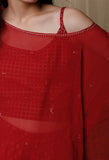 Set of 3:Maroon Cotton Kurta and Pants with Organza Cape