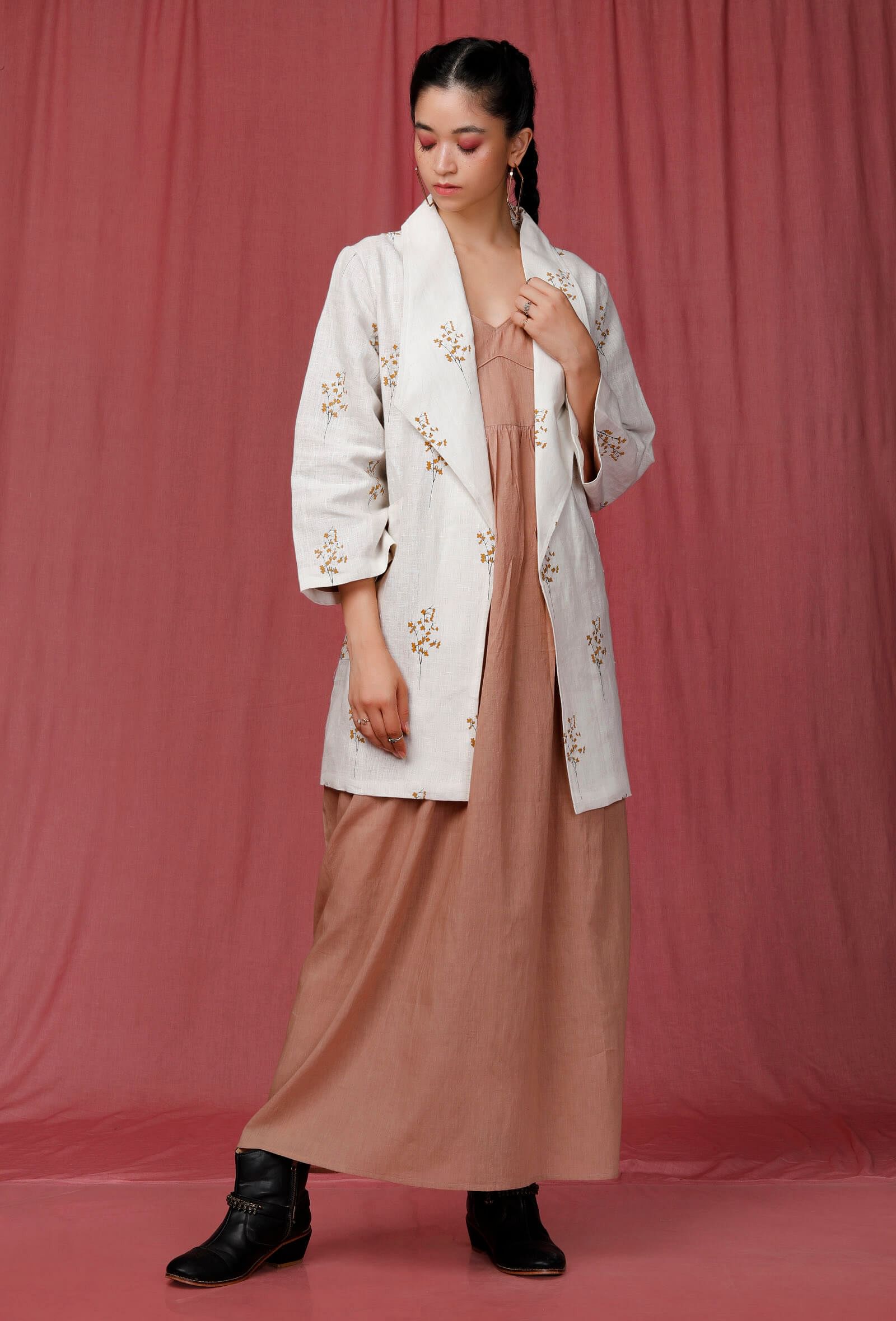 Set of 2: Pastel Brown Plain Linen Gathers Slip with Whiteblock Printed Overcoat