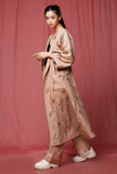 Set of 2: Brown Handblock Printed Notched Linen Overcoat With Handblock Printed Linen Pant