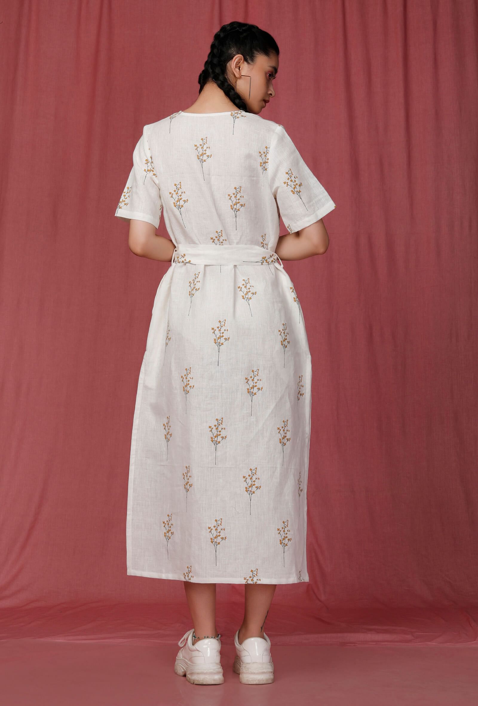 White Handblock Printed overlap Linen Dress