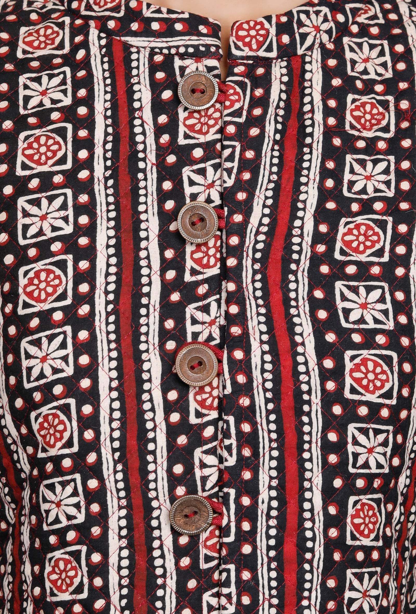 Red and Black Handblock Printed Quilted Reversible Jacket