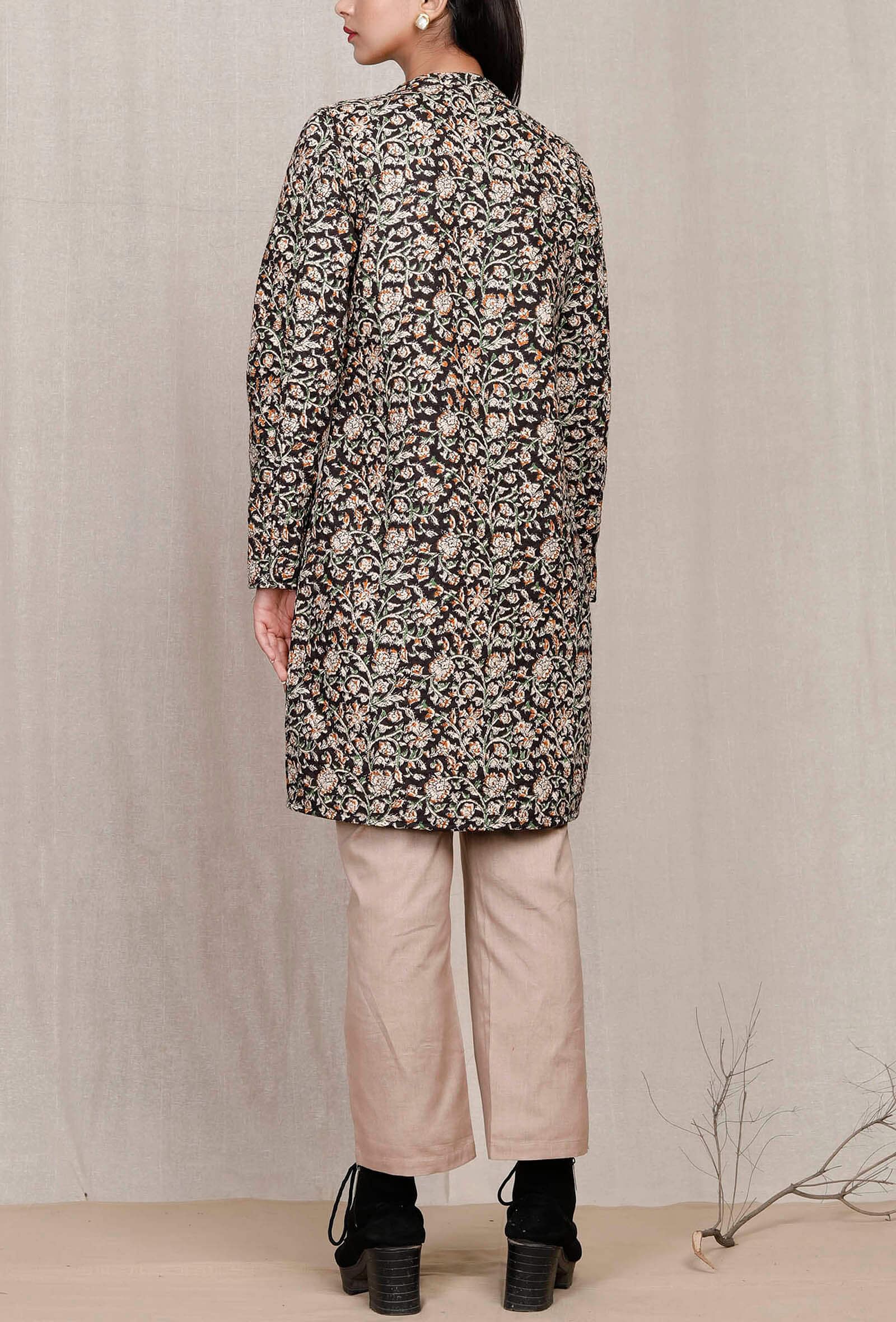 Black Kalamkari Printed Quilted Reversible Jacket