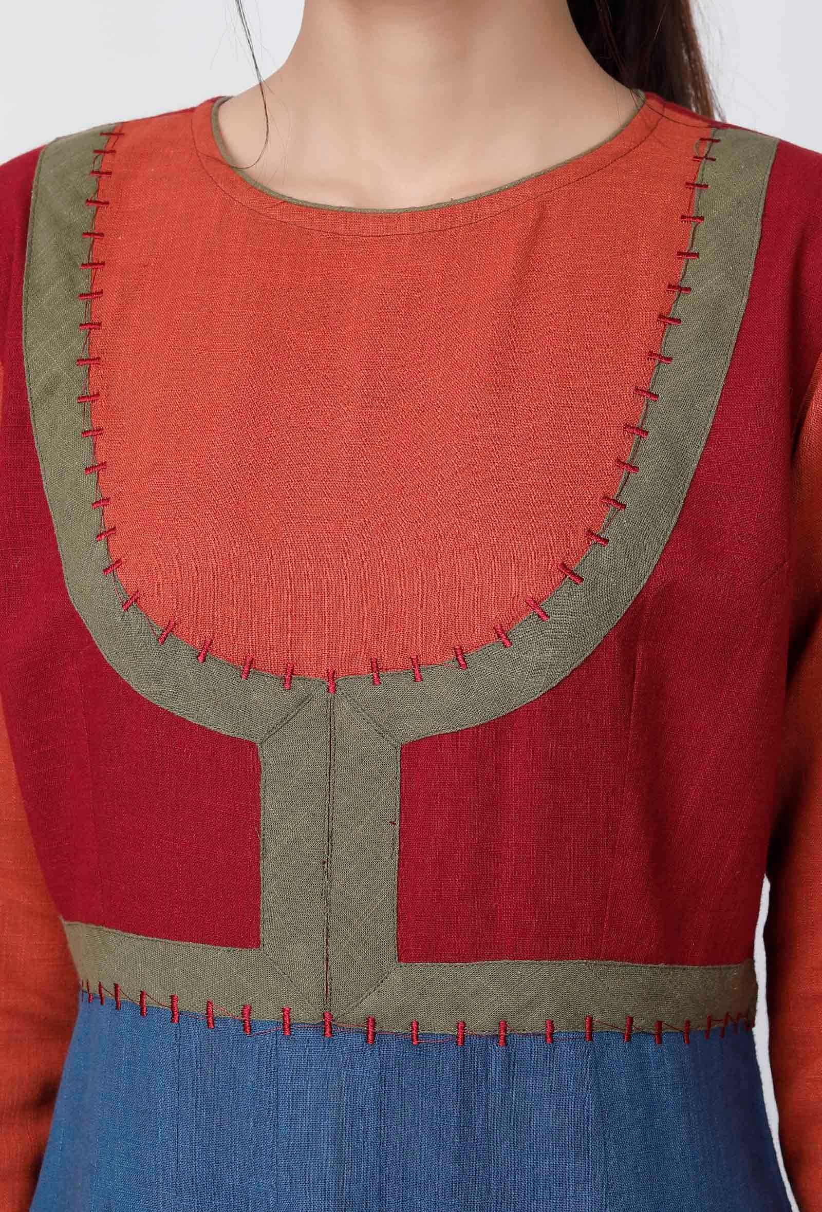 A-line Multicolor Blocked Cotton Kurta