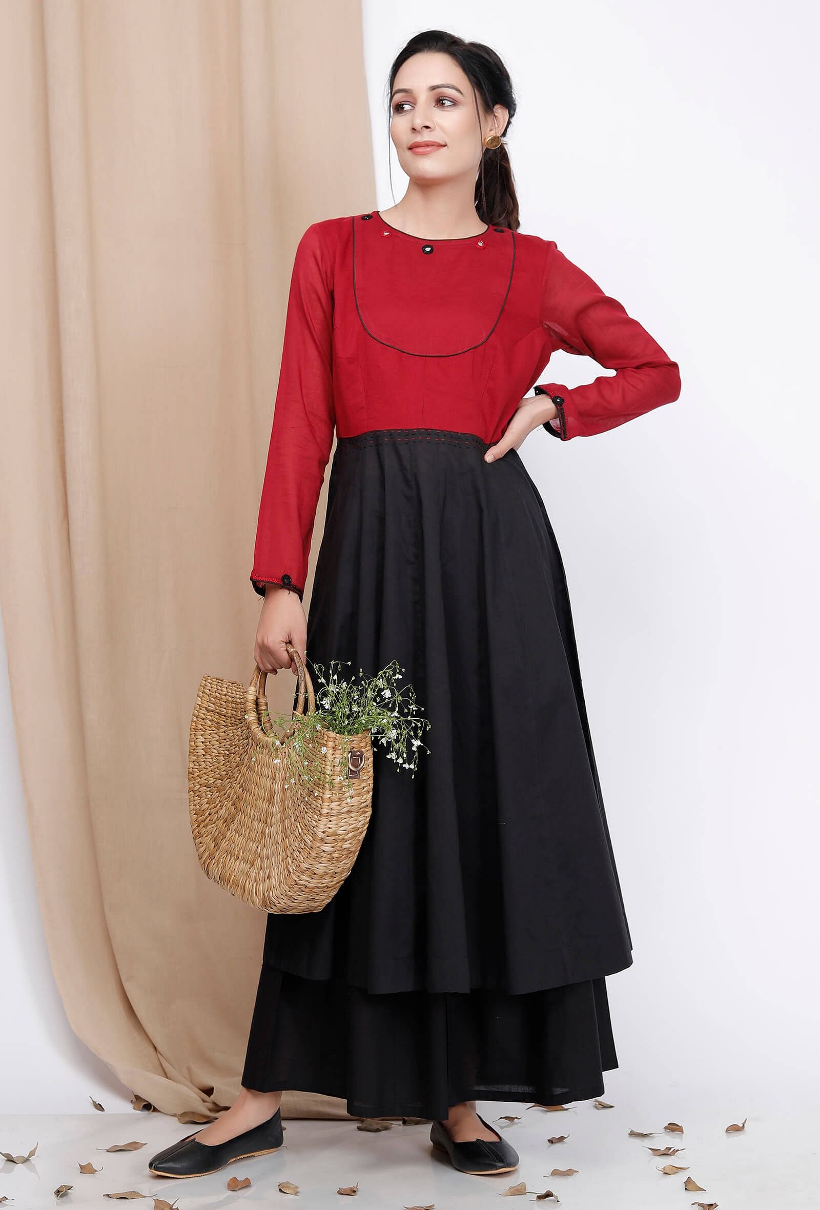 Black & Maroon Mirror Embroidered Kurta