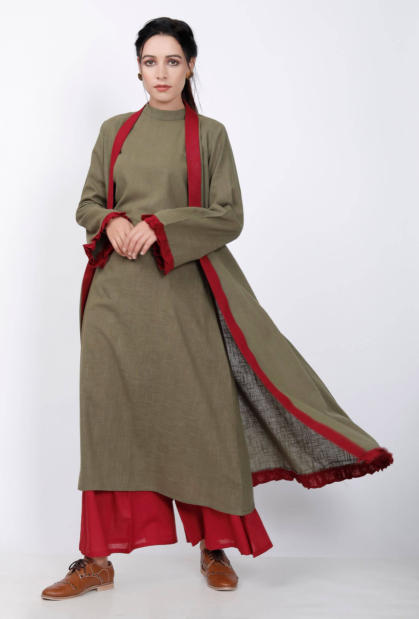 Set of 3: Mehandi Green Halter Neck Kurta with Maroon Pallazo and Stole