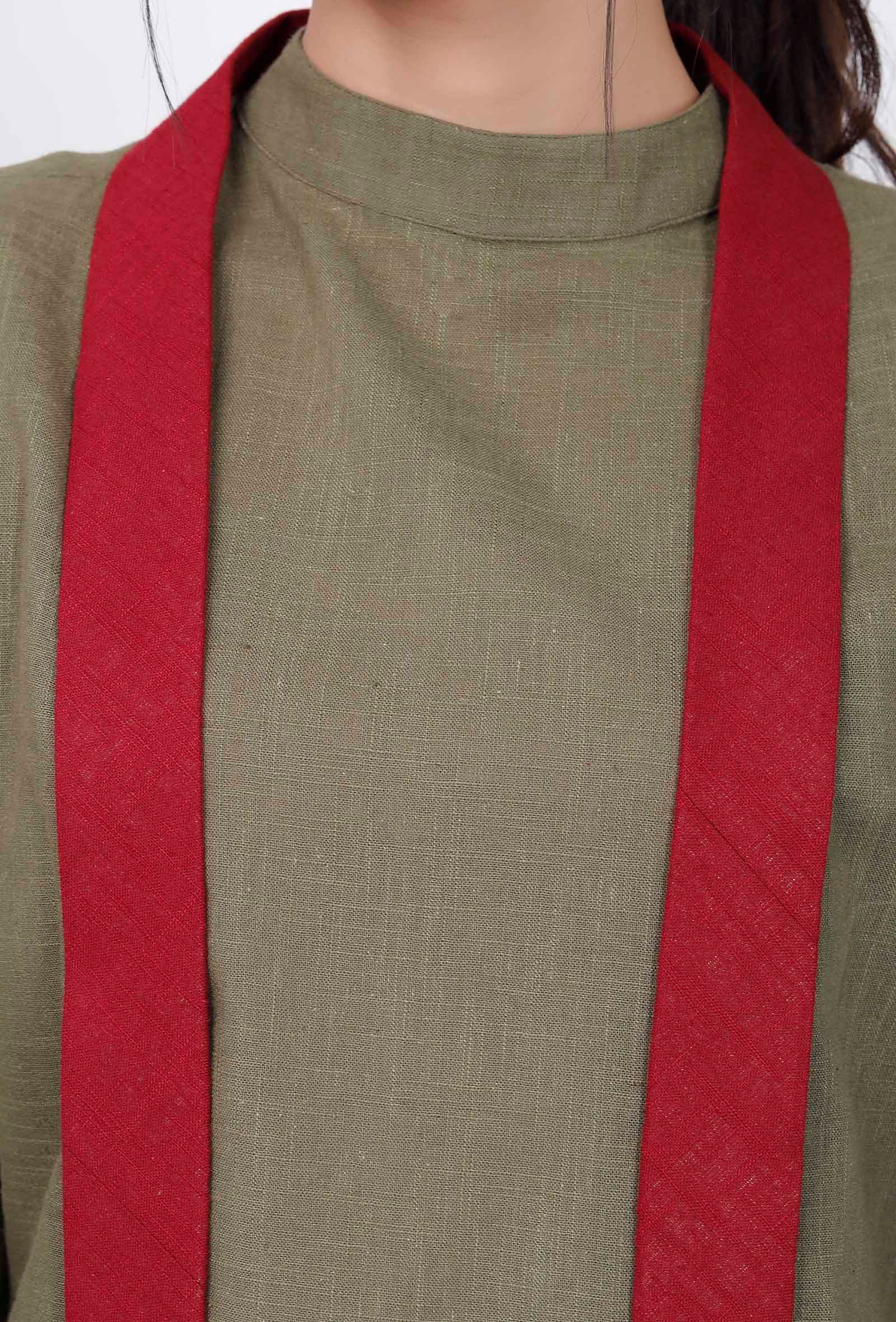 Set of 3: Mehandi Green Halter Neck Kurta with Maroon Pallazo and Stole