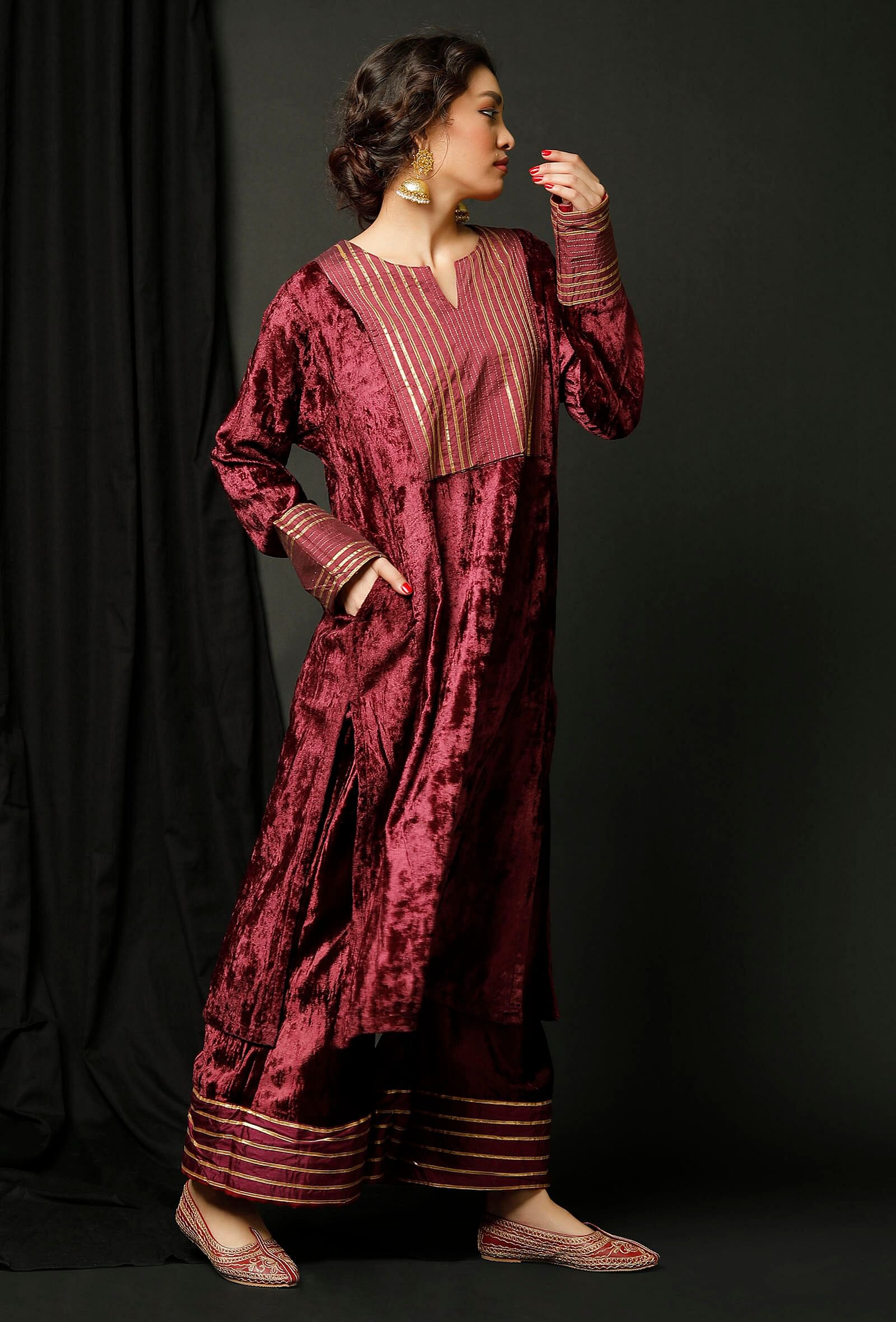 Set of 2 : Wine Velvet Phiran and Wine Velvet  Pallazo