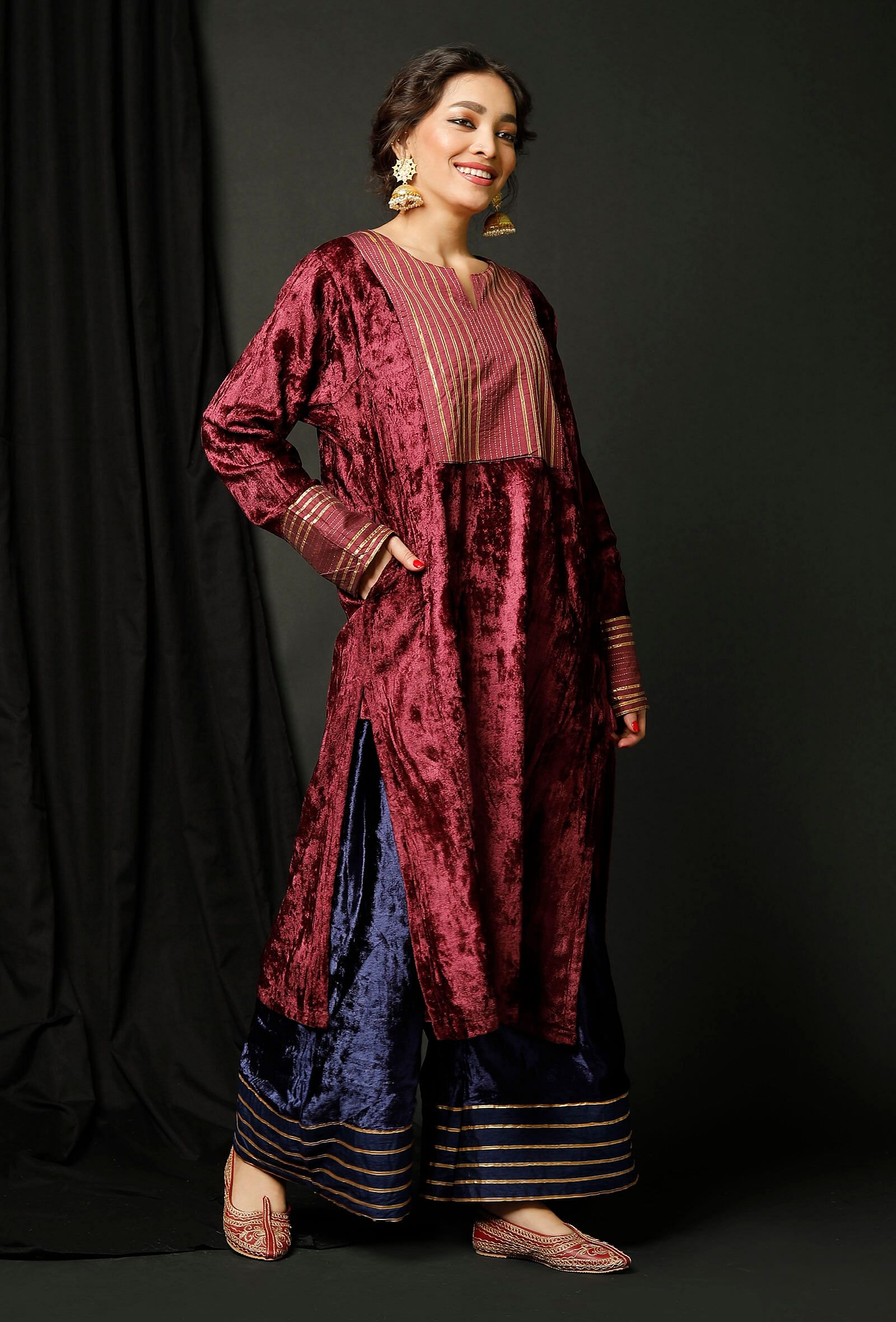 Set of 2 : Wine Velvet Phiran and Blue Velvet Pallazo