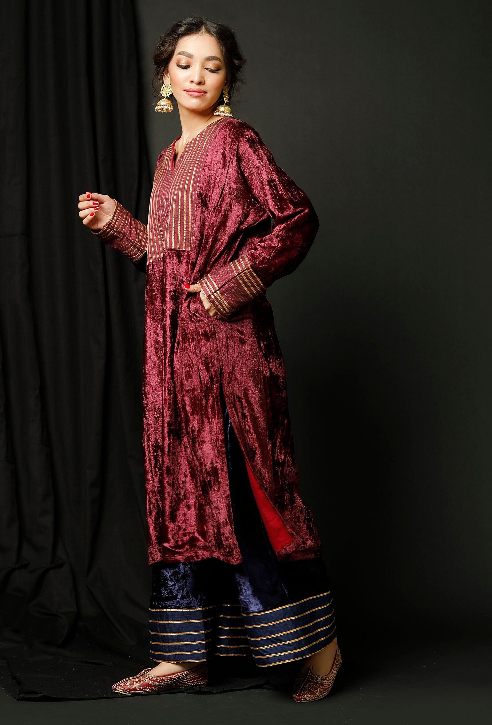 Set of 2 : Wine Velvet Phiran and Blue Velvet Pallazo