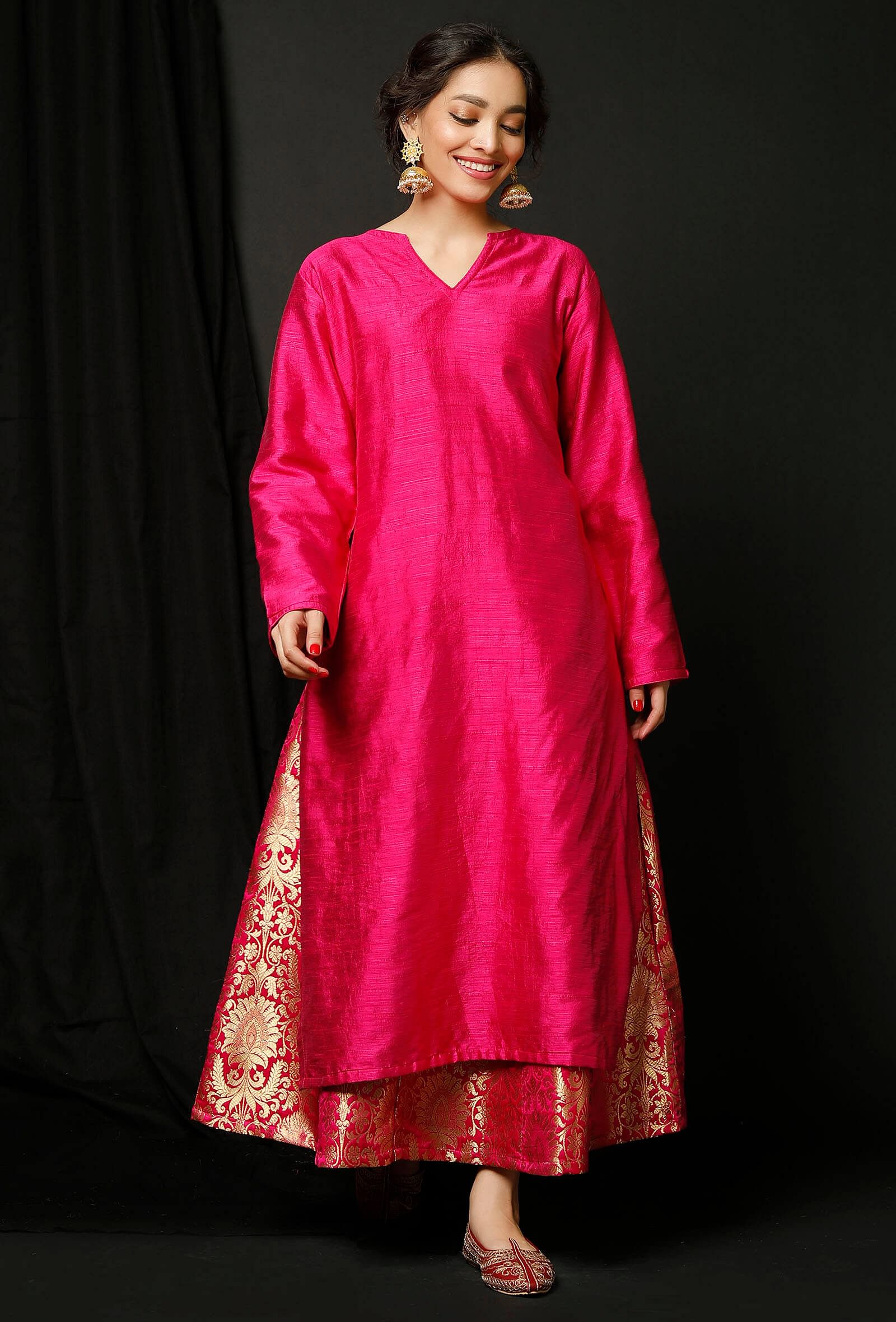 Set of 2 : Pink Raw Silk Kurta and Pink Banarsi Brocade Skirt