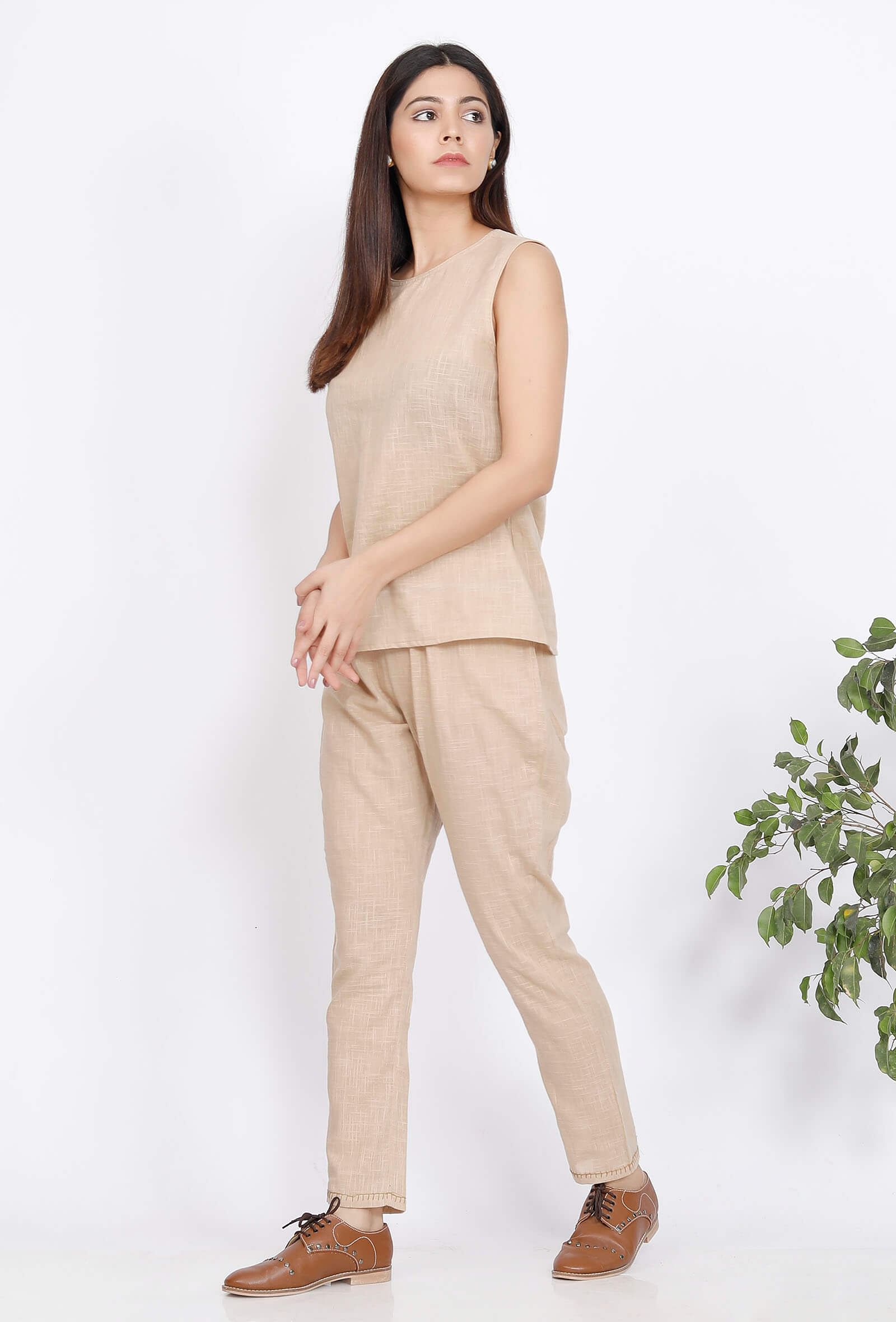 Set of 2 : Beige Cotton Slub Top and Pants