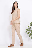 Set of 2 : Beige Cotton Slub Top and Pants