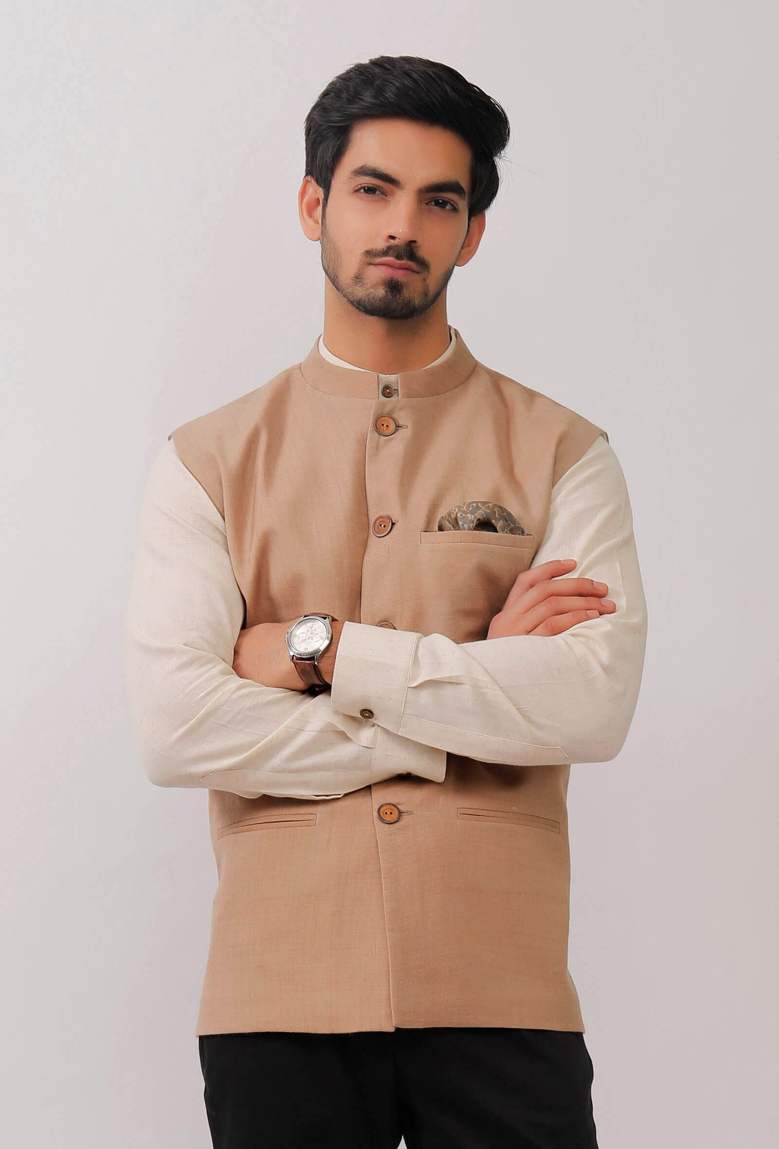 Beige Pure Kashmiri Wool Nehru Jacket