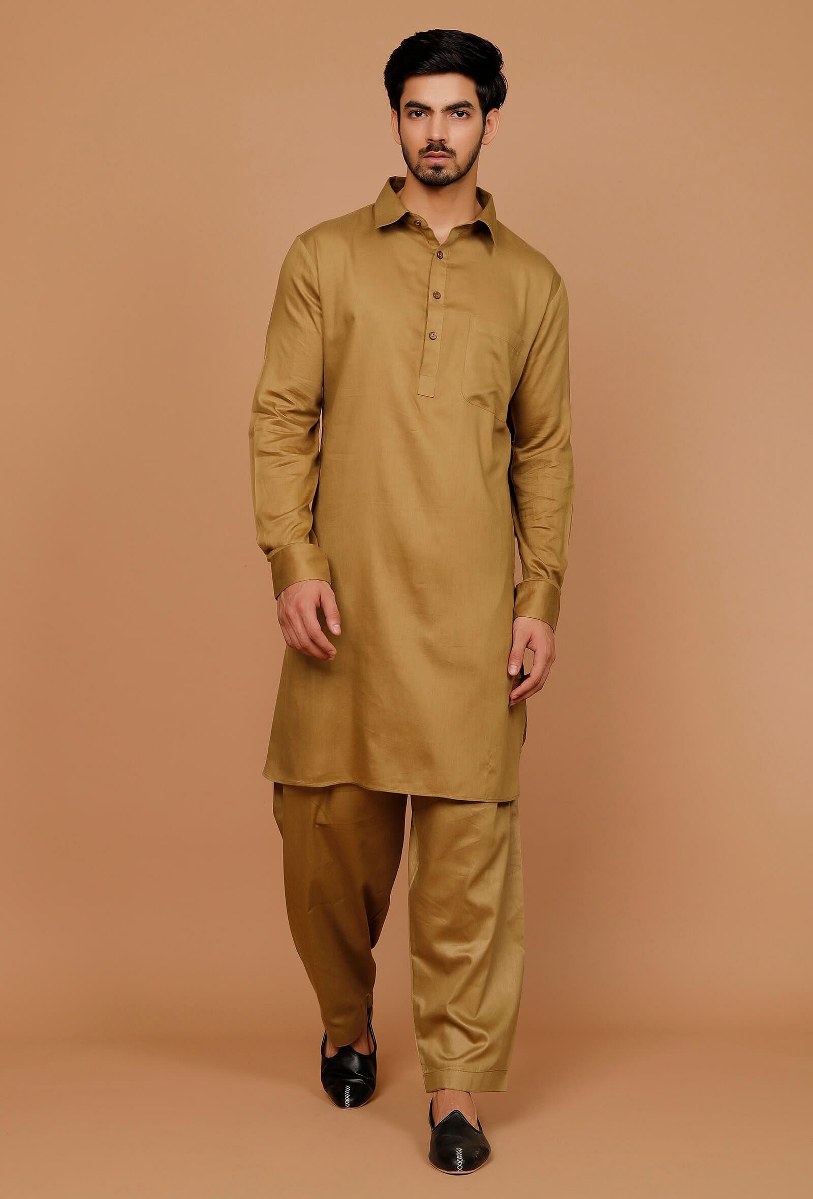 Set of 2:Olive Green Cotton Satin Pathani Kurta and Pyjama
