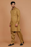 Set of 2:Olive Green Cotton Satin Pathani Kurta and Pyjama