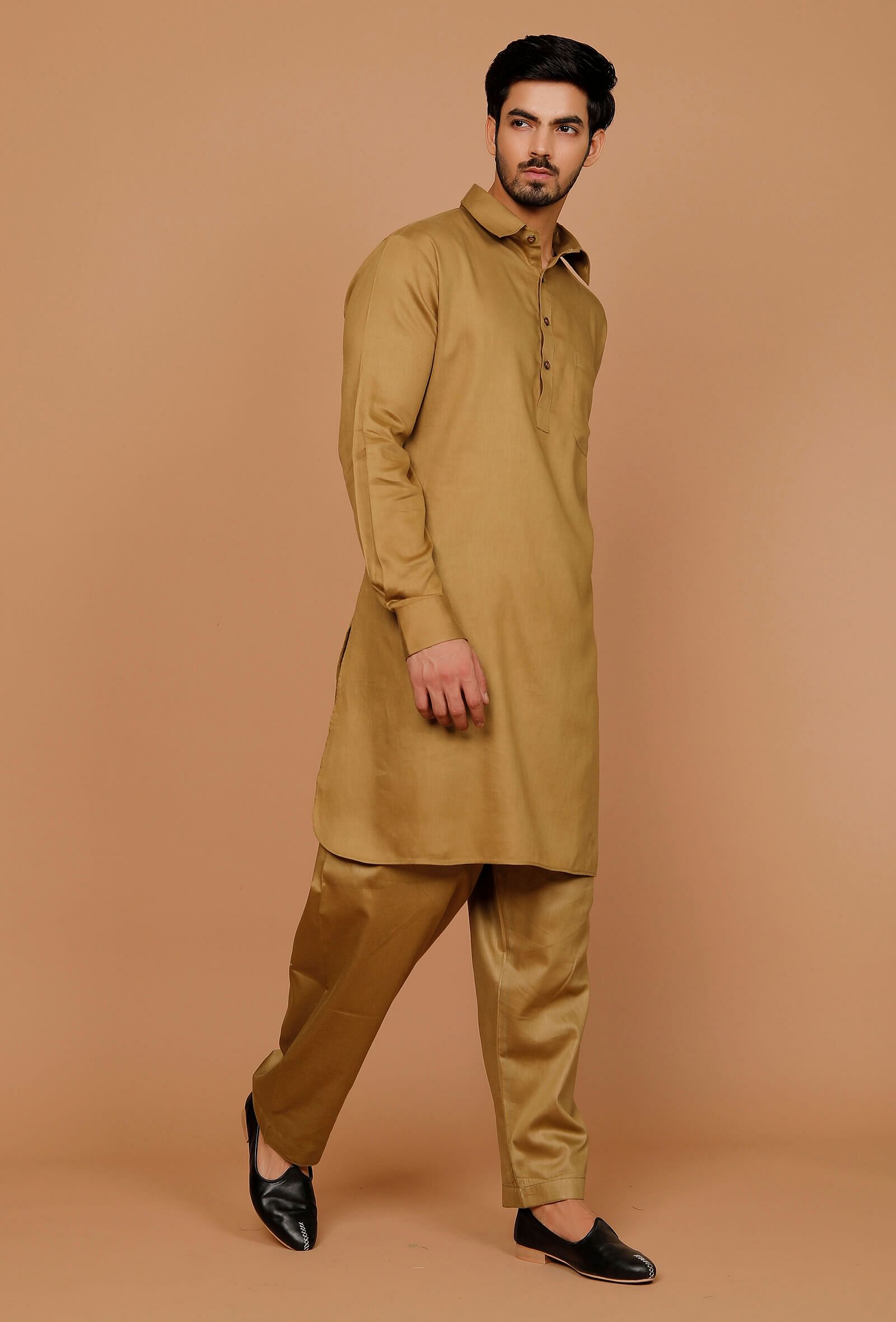 Set of 2:Olive Green Cotton Satin Pathani Kurta and Pyjama