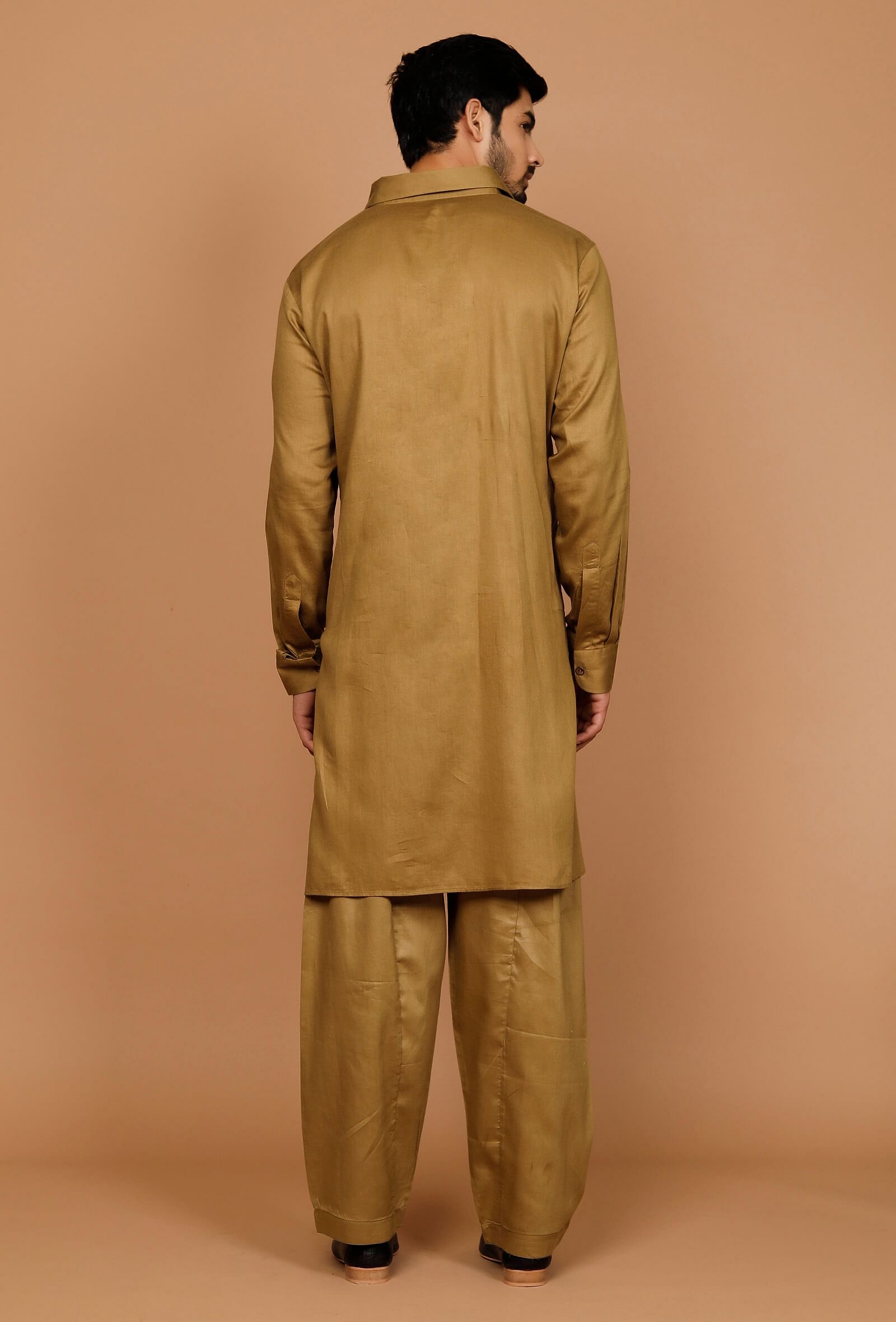 Set of 2:Olive Green Cotton Satin Pathani Kurta and Pyjama