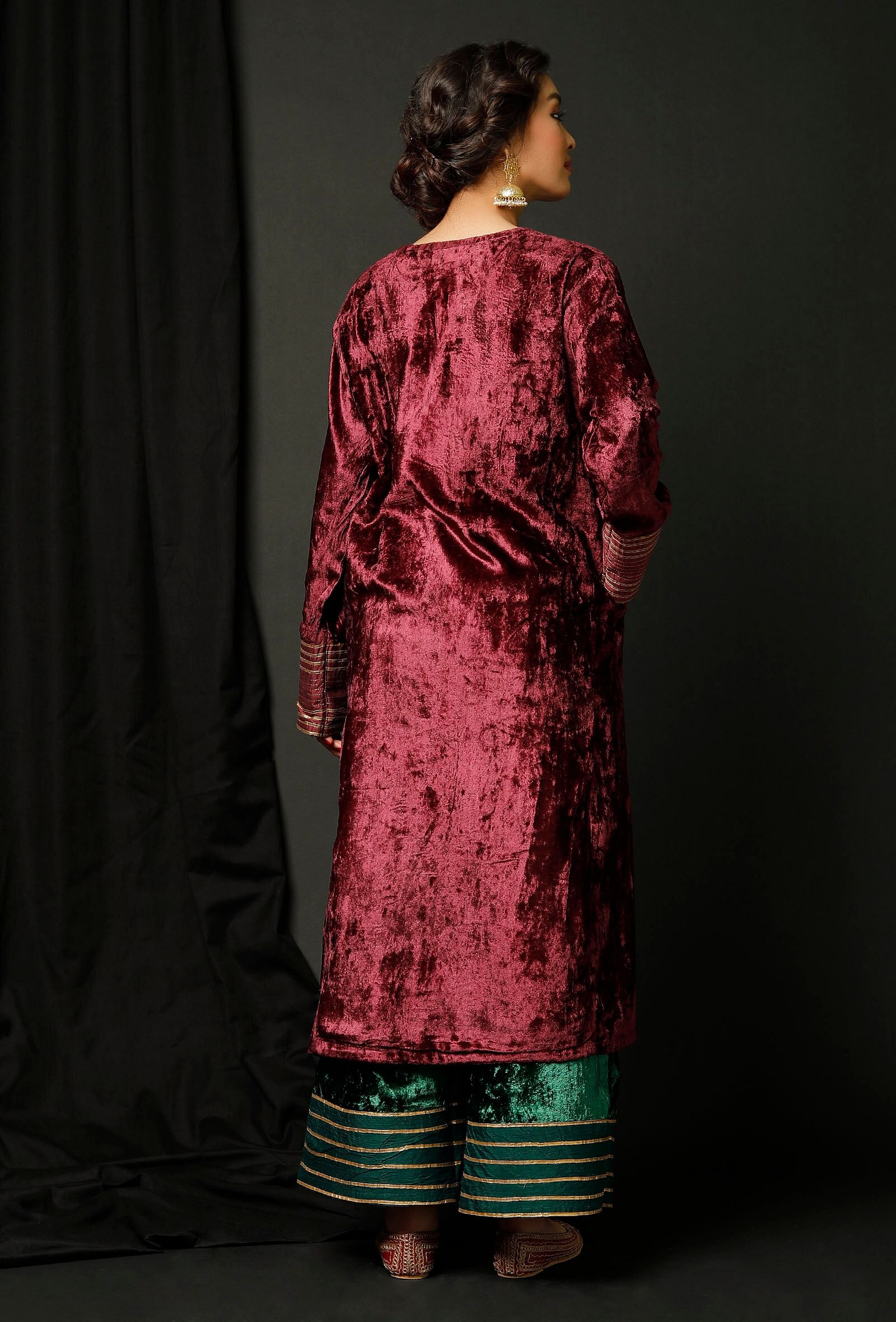 Set of 3 : Wine Velvet Gota Phiran With Bottle Green Velvet Pallazo and Color Block Velvet Odhani