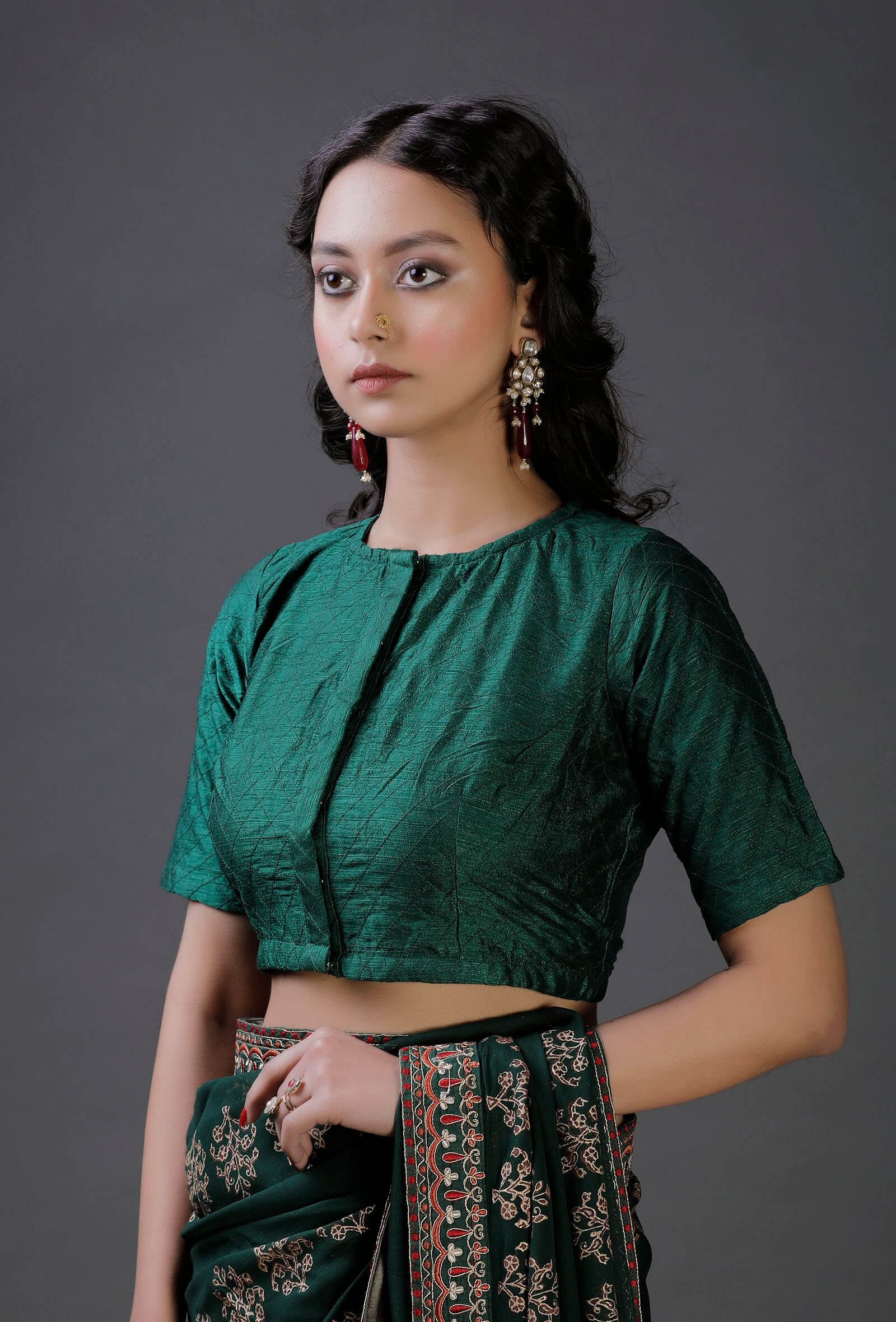 Bottle Green Raw Silk Plain Blouse