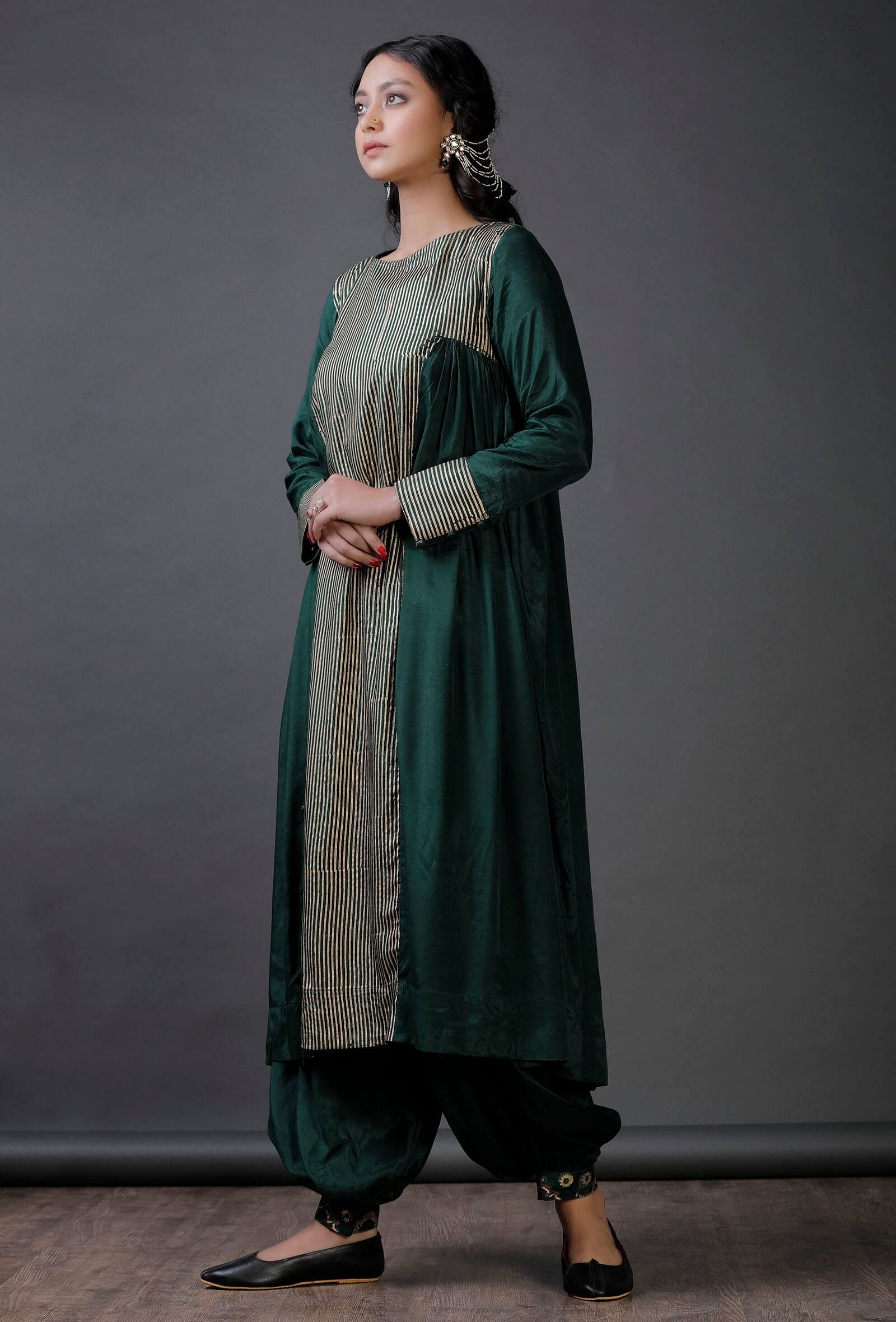 Green modal viscose block printed , full sleeves kurta