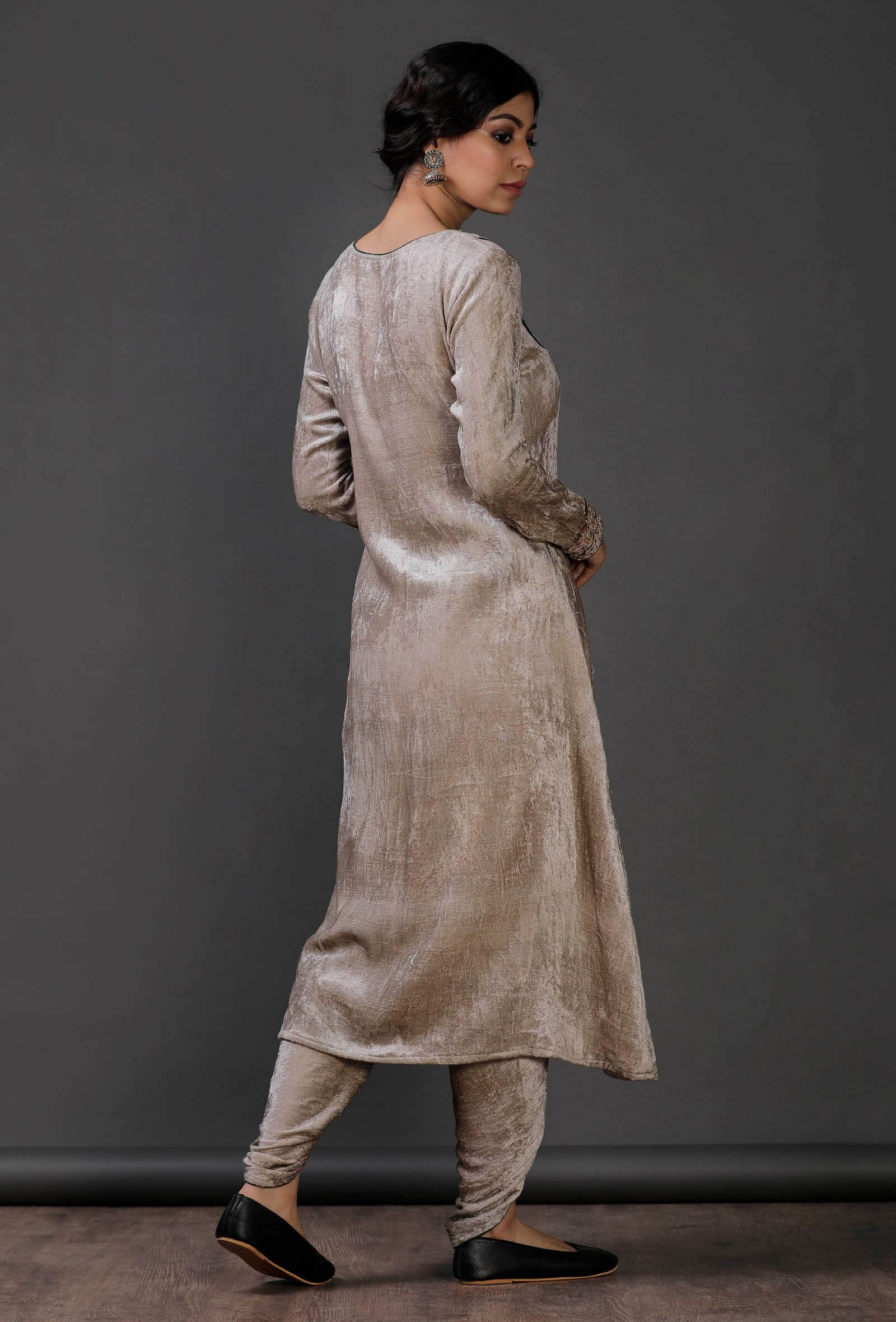 Grey Velvet front yoke lace embroidered kurta
