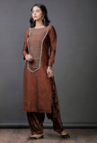Brown Raw Silk stripes block printed Kurta