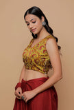 Yellow Printed Mashru Sleevless Blouse