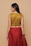 Yellow Printed Mashru Sleevless Blouse