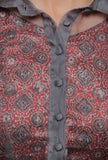 Set of 2 - Grey Organza Silk Shirt Collar Puffed Sleeve Blouse With Maroon Mashru Ajrakh Spagette Strap