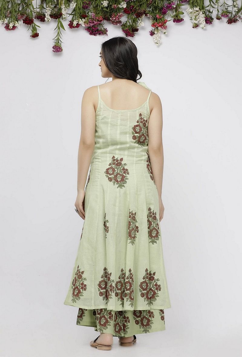 Set of 2: Light Green Kota Hand-Block Printed Kalidaar Kurta with Cotton Palazzo