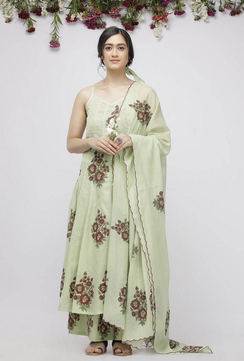 Set of 3: Light Green Kota Kalidaar Hand-Block Printed  Kurta Paired with Cotton Palazzo and  Hand-Block Printed Kota Dupatta