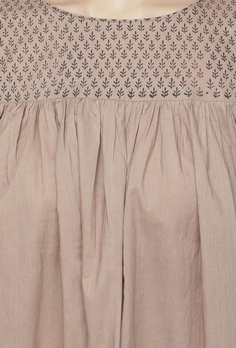 Beige Cotton Full Length Kota Hand-Block Printed Anarkali