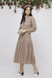 Beige Pleated Kota Hand-Block Printed Dress