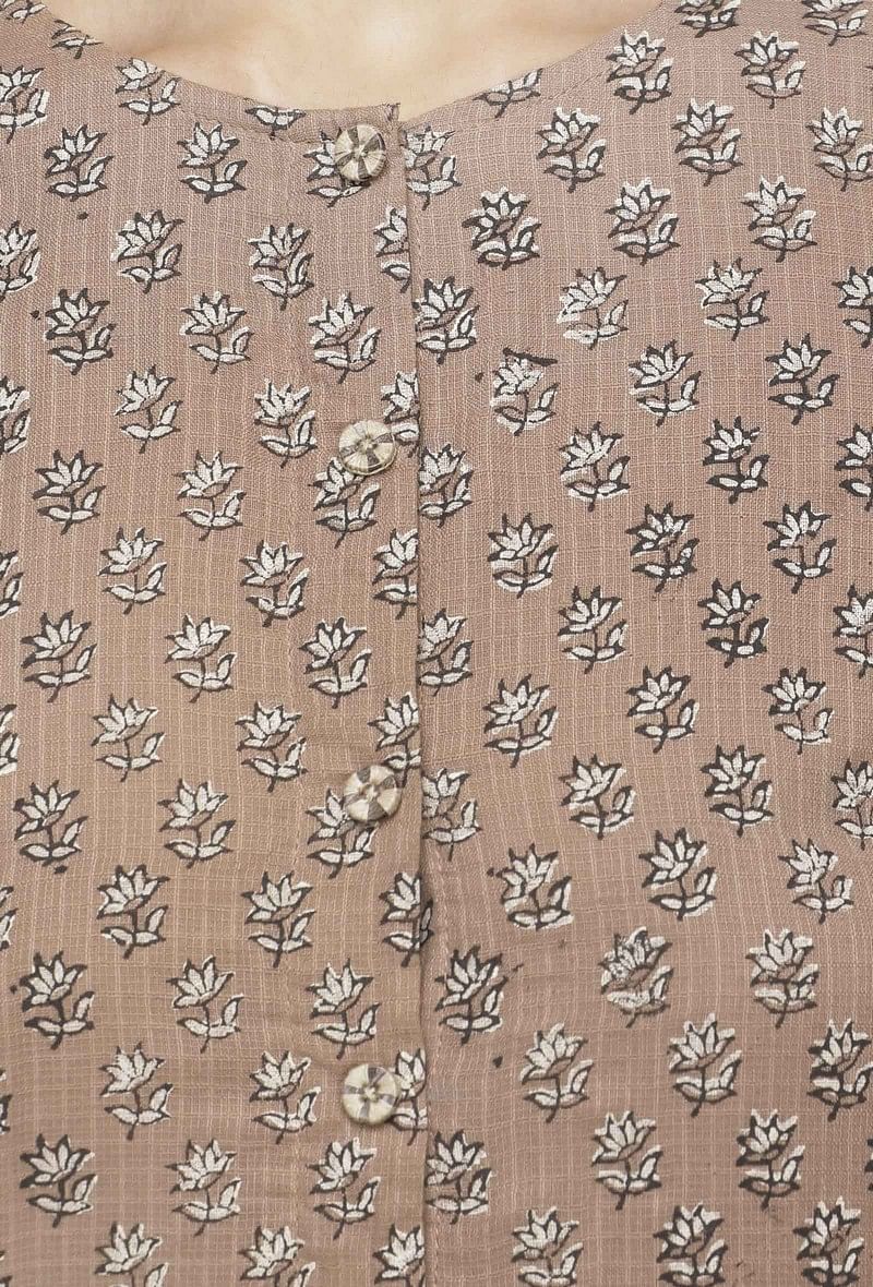 Beige Pleated Kota Hand-Block Printed Dress