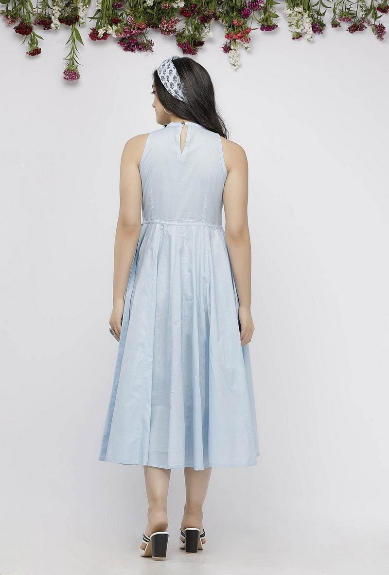 Blue Plain Cotton Tasseled Anarkali