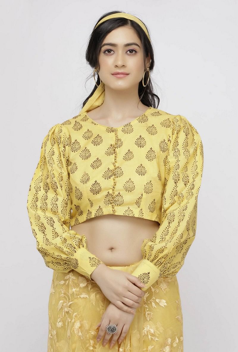 Yellow Cotton  Hand-Block Printed Blouse