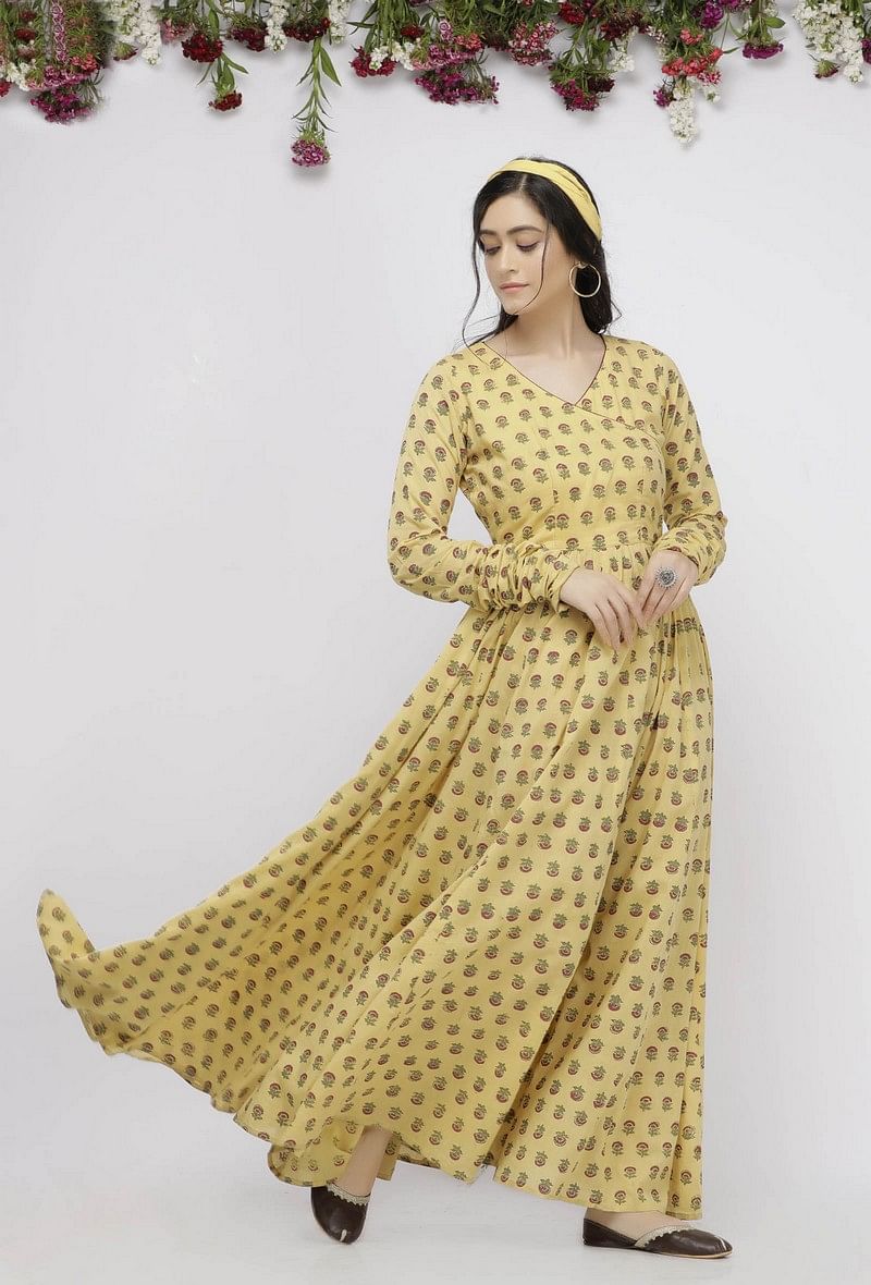 Yellow Long Gathered Hand-Block Printed Cotton Kurta
